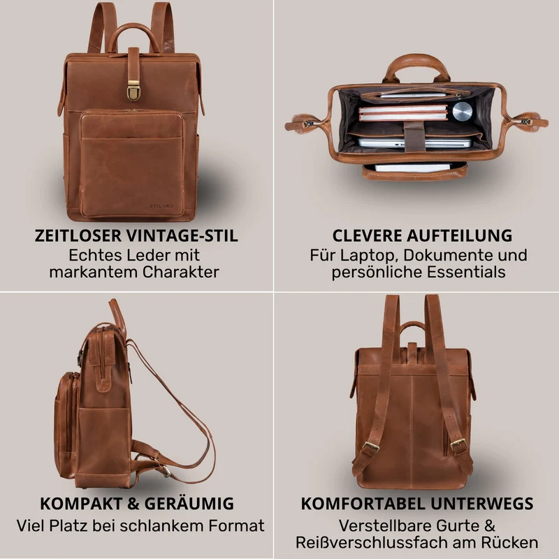 "Lorraine" Vintage Rucksack Damen Leder Groß 15,6 Zoll Laptop
