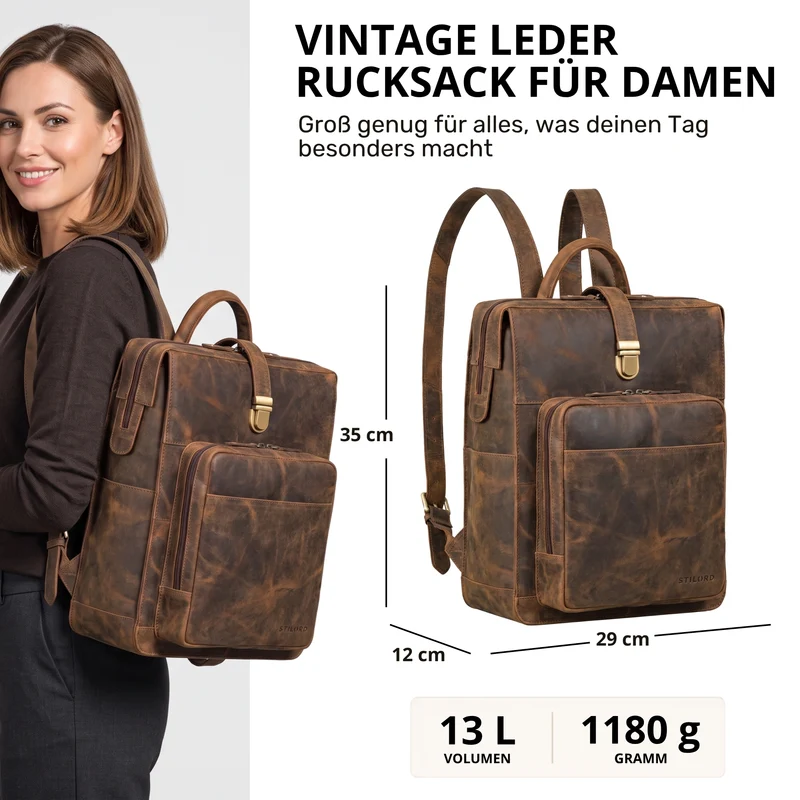 "Lorraine" Vintage Rucksack Damen Leder Groß 15,6 Zoll Laptop