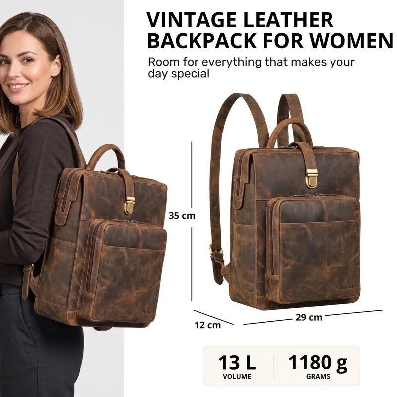 "Lorraine" Vintage Rucksack Damen Leder Groß 15,6 Zoll Laptop