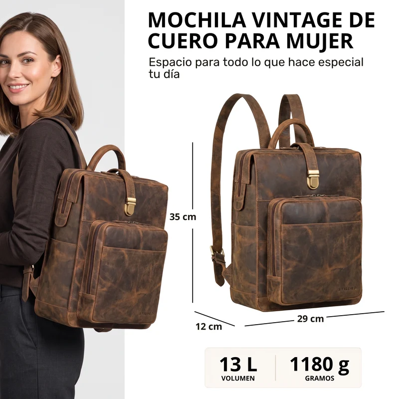 "Lorraine" Vintage Rucksack Damen Leder Groß 15,6 Zoll Laptop