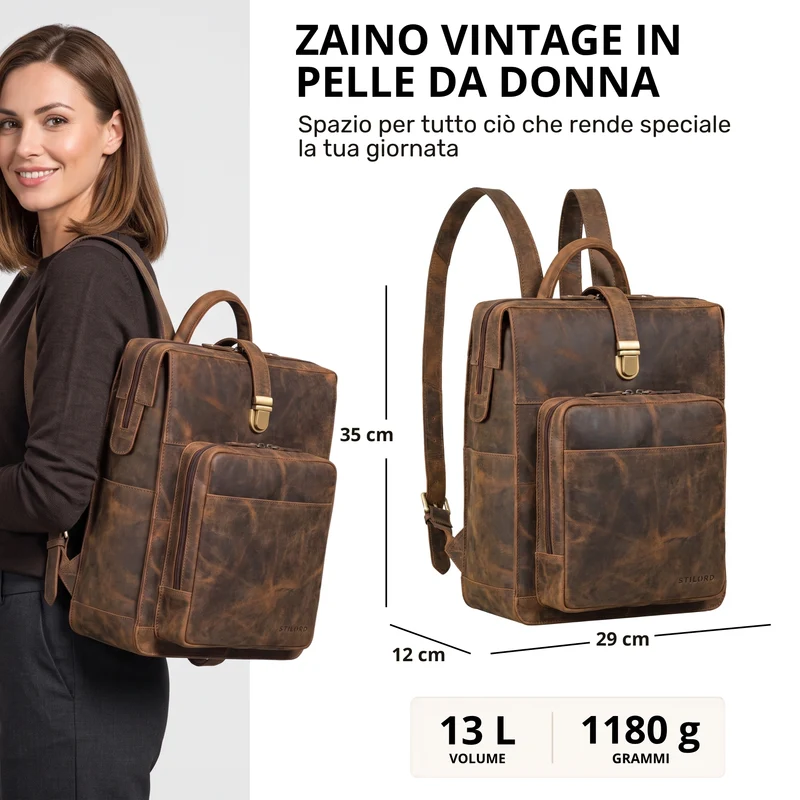 "Lorraine" Vintage Rucksack Damen Leder Groß 15,6 Zoll Laptop