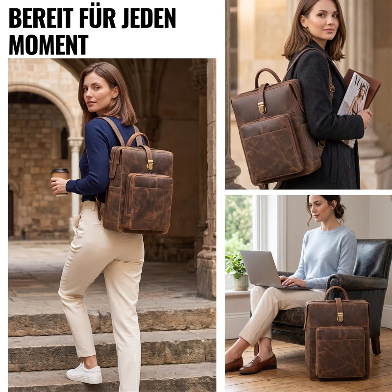 "Lorraine" Vintage Rucksack Damen Leder Groß 15,6 Zoll Laptop