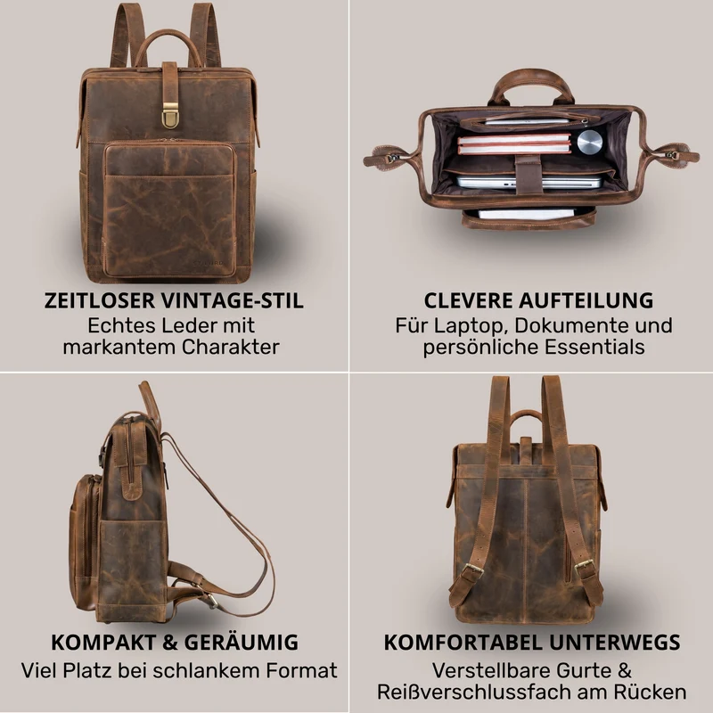 "Lorraine" Vintage Rucksack Damen Leder Groß 15,6 Zoll Laptop