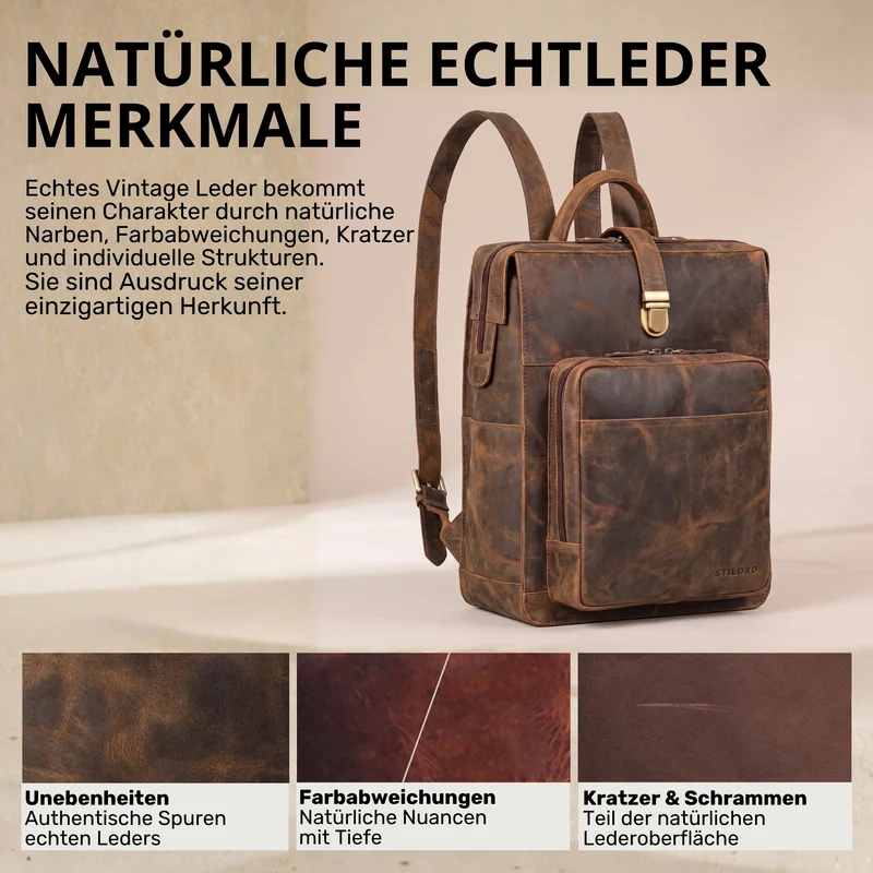 "Lorraine" Vintage Rucksack Damen Leder Groß 15,6 Zoll Laptop