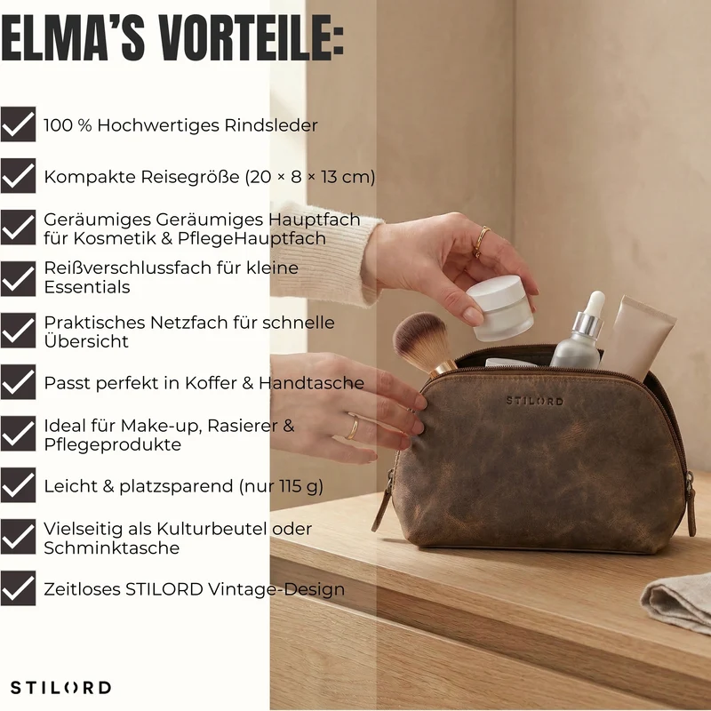 "Elma" Waschtasche Damen Leder Kulturbeutel Herren Klein