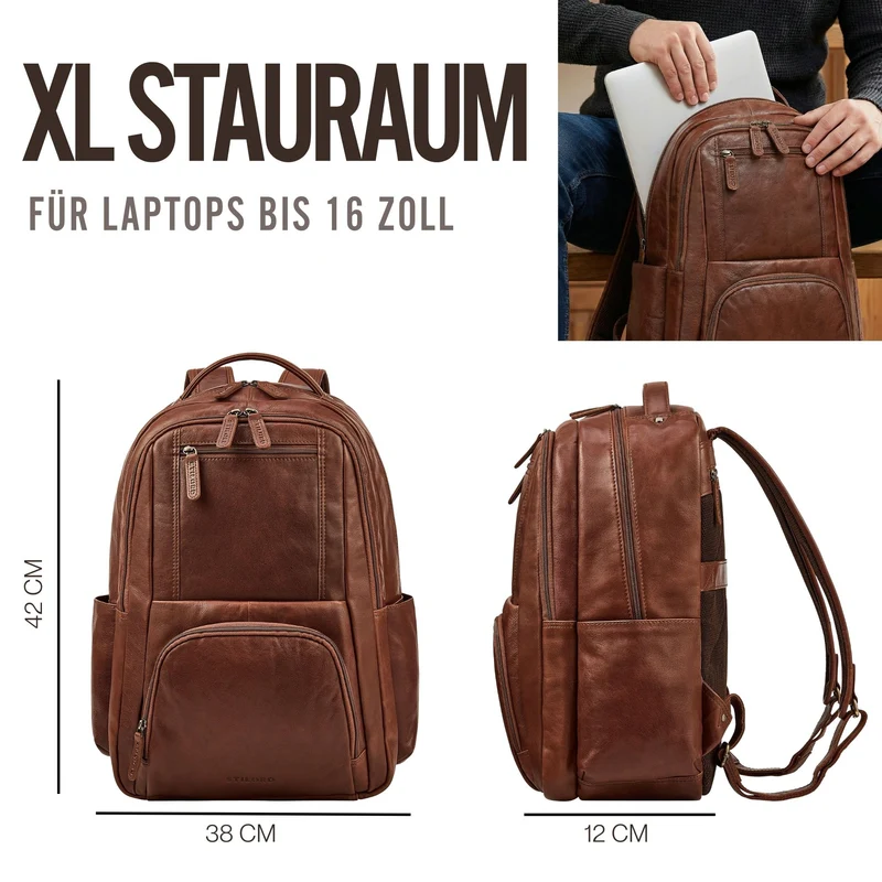 "Evan" Großer Echtleder Business Rucksack Herren für 15.6 -16 Zoll