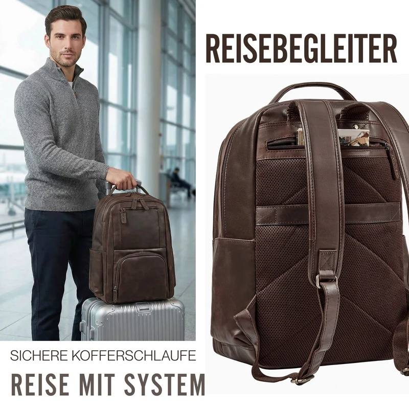 "Evan" Großer Echtleder Business Rucksack Herren für 15.6 -16 Zoll