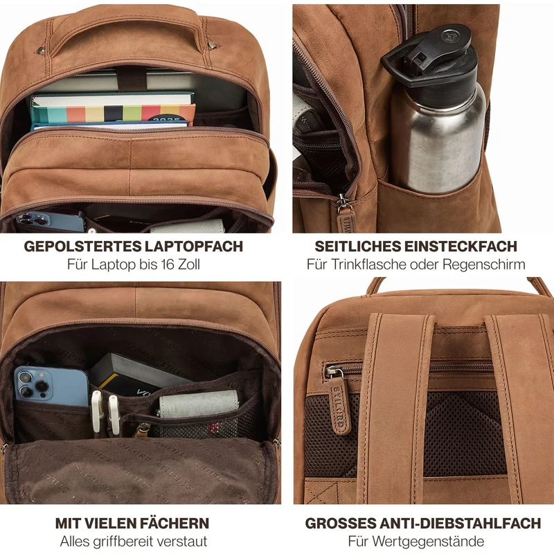 "Evan" Großer Echtleder Business Rucksack Herren für 15.6 -16 Zoll
