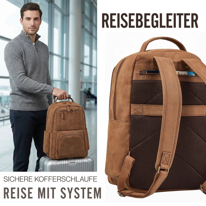 "Evan" Großer Echtleder Business Rucksack Herren für 15.6 -16 Zoll