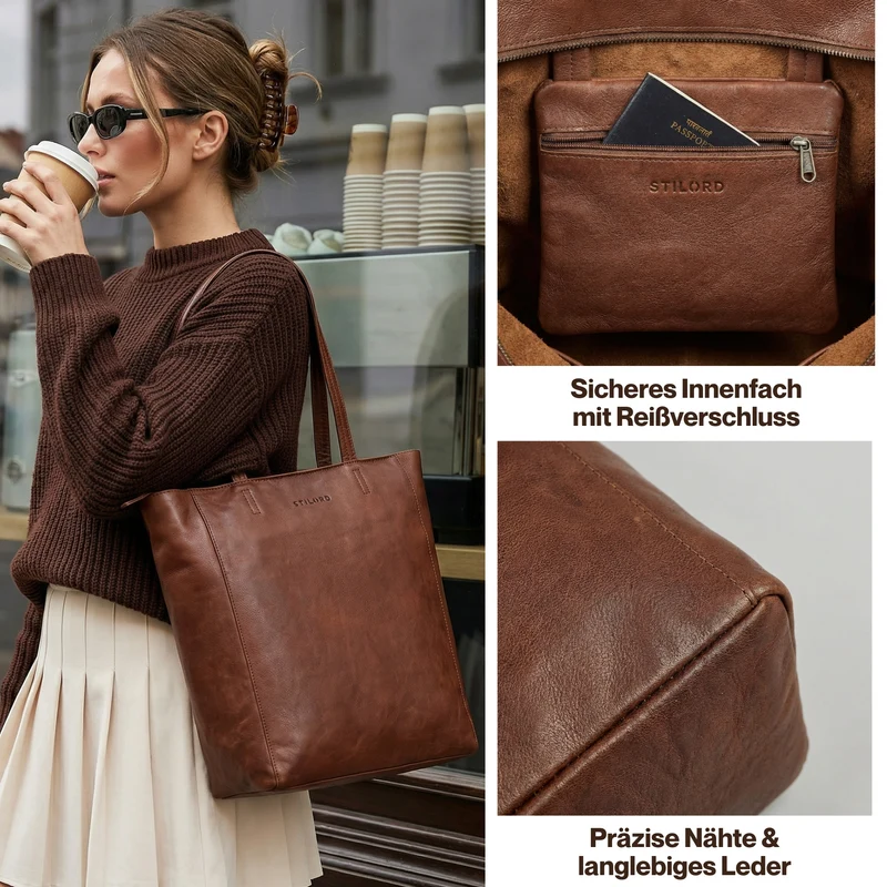 “Estella" Vintage Shopper Tasche Damen Leder 16 Zoll