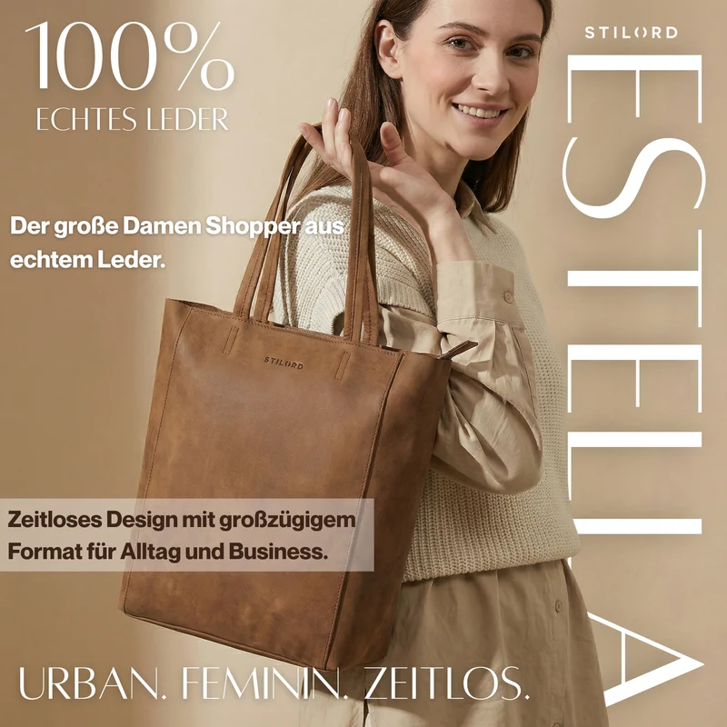 “Estella" Vintage Shopper Tasche Damen Leder 16 Zoll