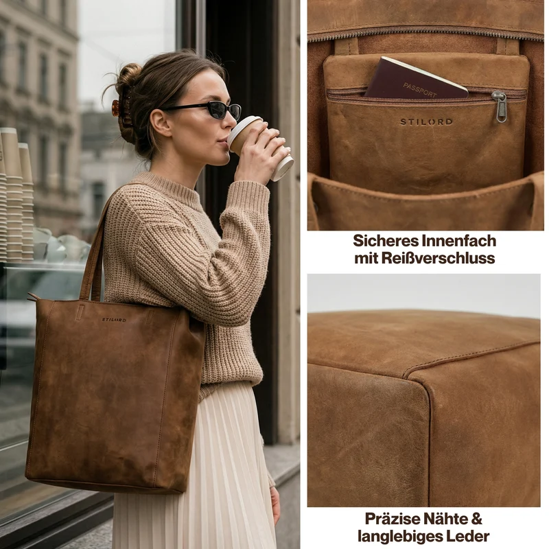 “Estella" Vintage Shopper Tasche Damen Leder 16 Zoll