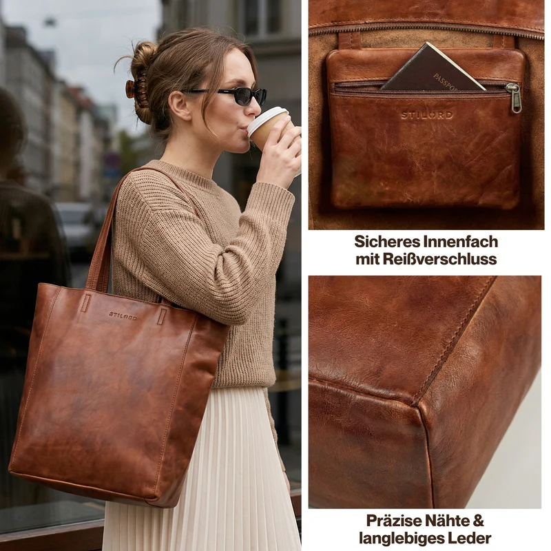 “Estella" Vintage Shopper Tasche Damen Leder 16 Zoll