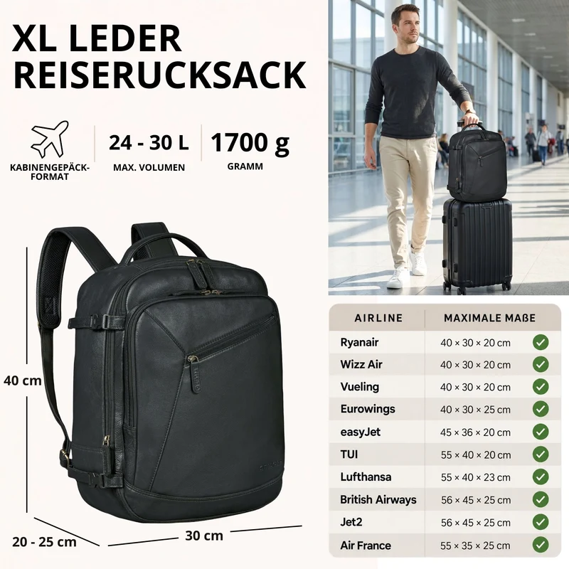 "Davido" Echtleder Reiserucksack Herren 40x30x20, 30L erweiterbar