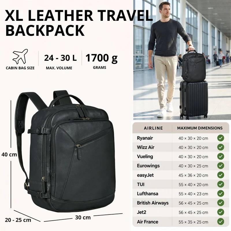 "Davido" Echtleder Reiserucksack Herren 40x30x20, 30L erweiterbar