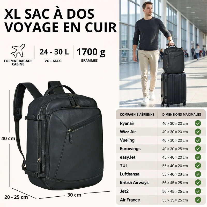 "Davido" Echtleder Reiserucksack Herren 40x30x20, 30L erweiterbar