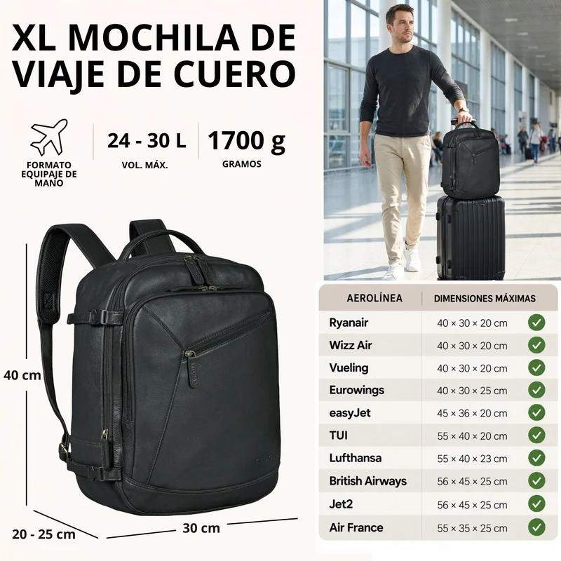 "Davido" Echtleder Reiserucksack Herren 40x30x20, 30L erweiterbar