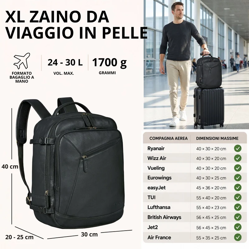 "Davido" Echtleder Reiserucksack Herren 40x30x20, 30L erweiterbar