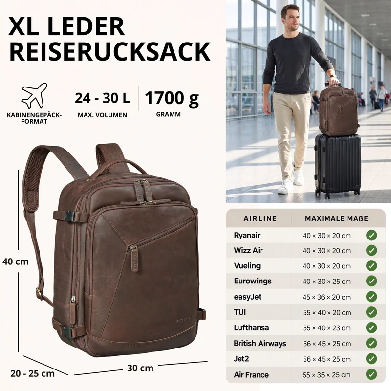 "Davido" Echtleder Reiserucksack Herren 40x30x20, 30L erweiterbar