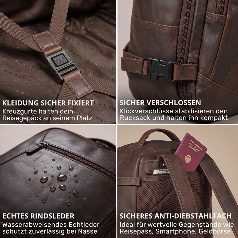 "Davido" Echtleder Reiserucksack Herren 40x30x20, 30L erweiterbar