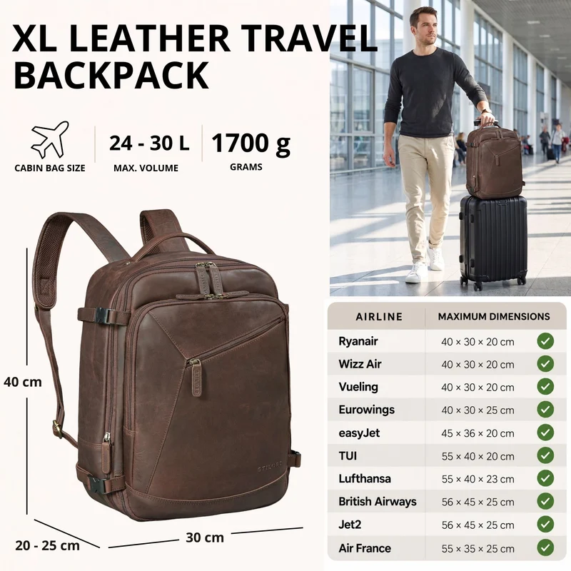 "Davido" Echtleder Reiserucksack Herren 40x30x20, 30L erweiterbar