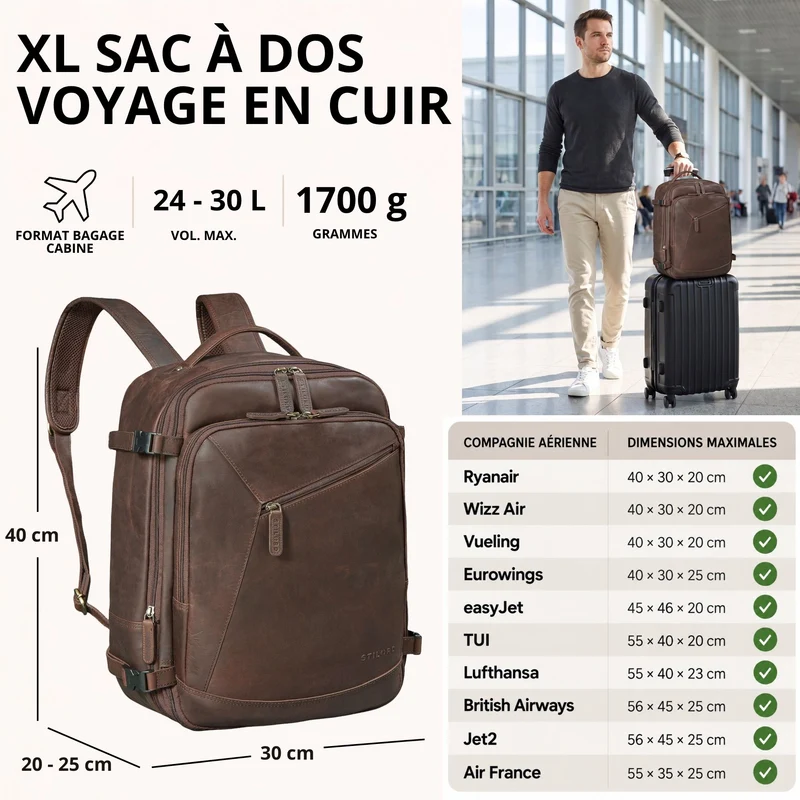 "Davido" Echtleder Reiserucksack Herren 40x30x20, 30L erweiterbar