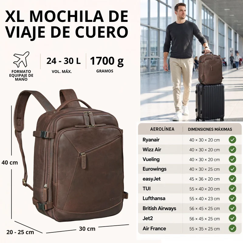"Davido" Echtleder Reiserucksack Herren 40x30x20, 30L erweiterbar