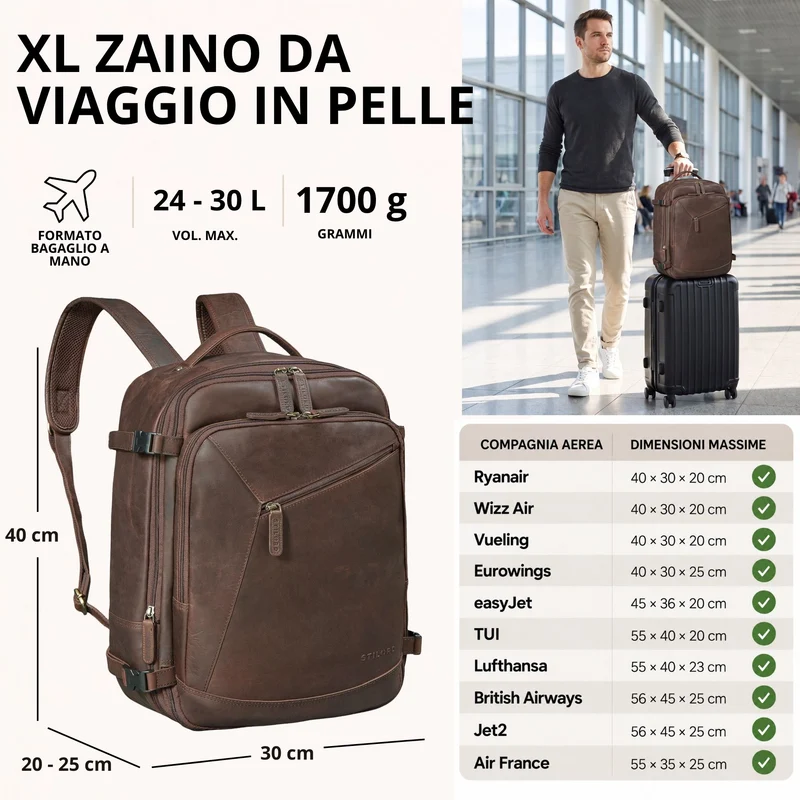 "Davido" Echtleder Reiserucksack Herren 40x30x20, 30L erweiterbar