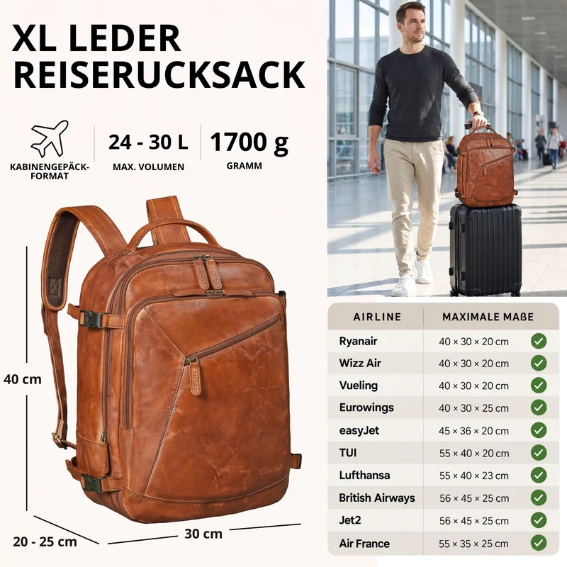 "Davido" Echtleder Reiserucksack Herren 40x30x20, 30L erweiterbar