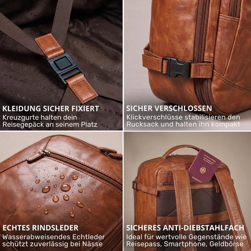 "Davido" Echtleder Reiserucksack Herren 40x30x20, 30L erweiterbar