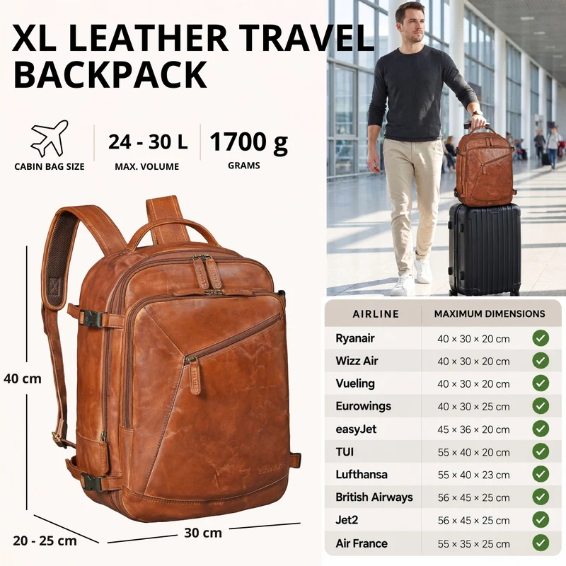 "Davido" Echtleder Reiserucksack Herren 40x30x20, 30L erweiterbar