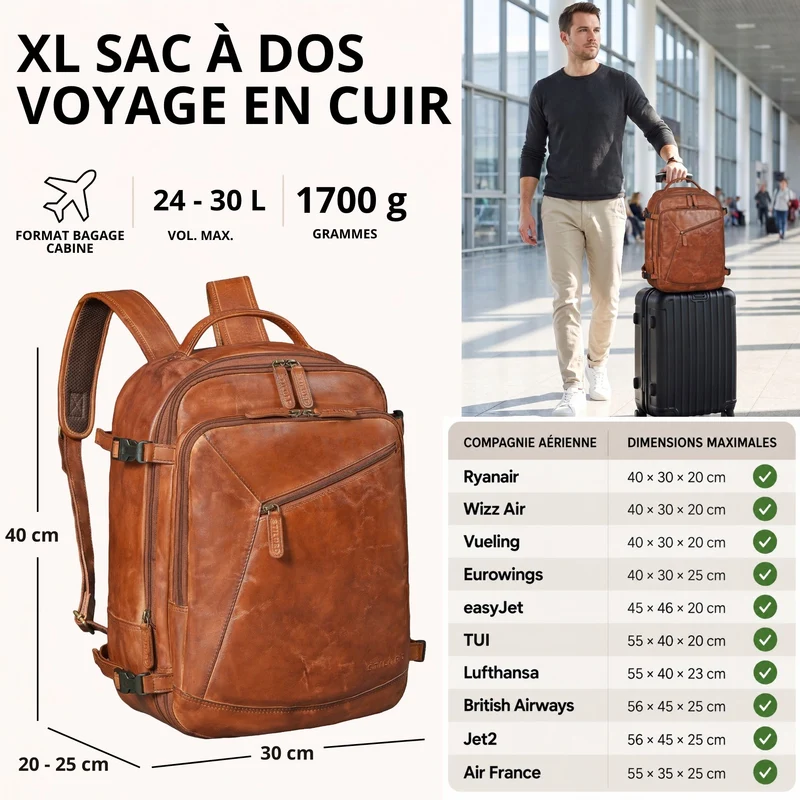 "Davido" Echtleder Reiserucksack Herren 40x30x20, 30L erweiterbar
