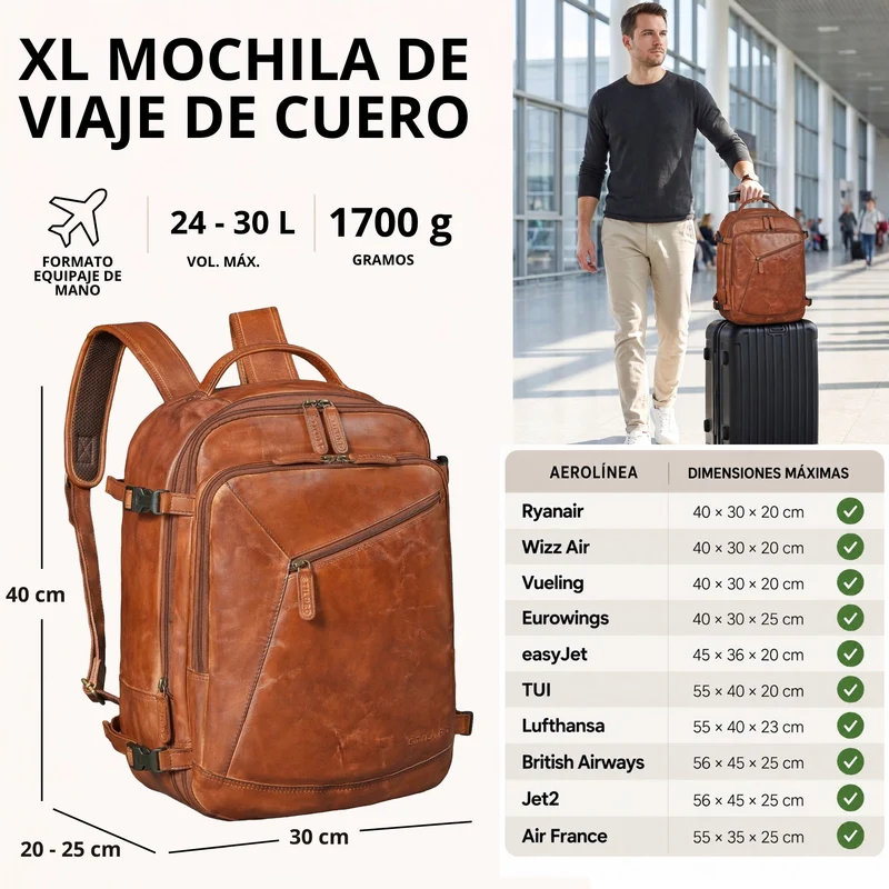 "Davido" Echtleder Reiserucksack Herren 40x30x20, 30L erweiterbar