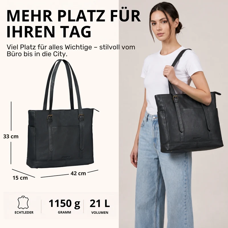 "Solaya" Shopper Damen Leder Groß mit Laptopfach 15,6 Zoll