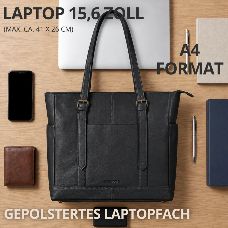 "Solaya" Shopper Damen Leder Groß mit Laptopfach 15,6 Zoll