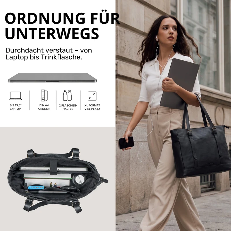 "Solaya" Shopper Damen Leder Groß mit Laptopfach 15,6 Zoll