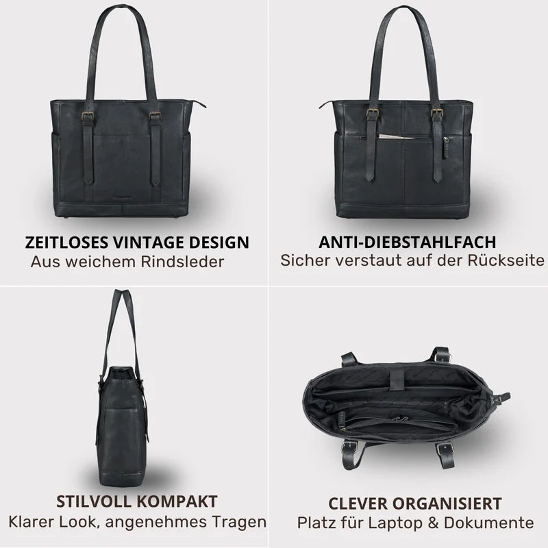 "Solaya" Shopper Damen Leder Groß mit Laptopfach 15,6 Zoll