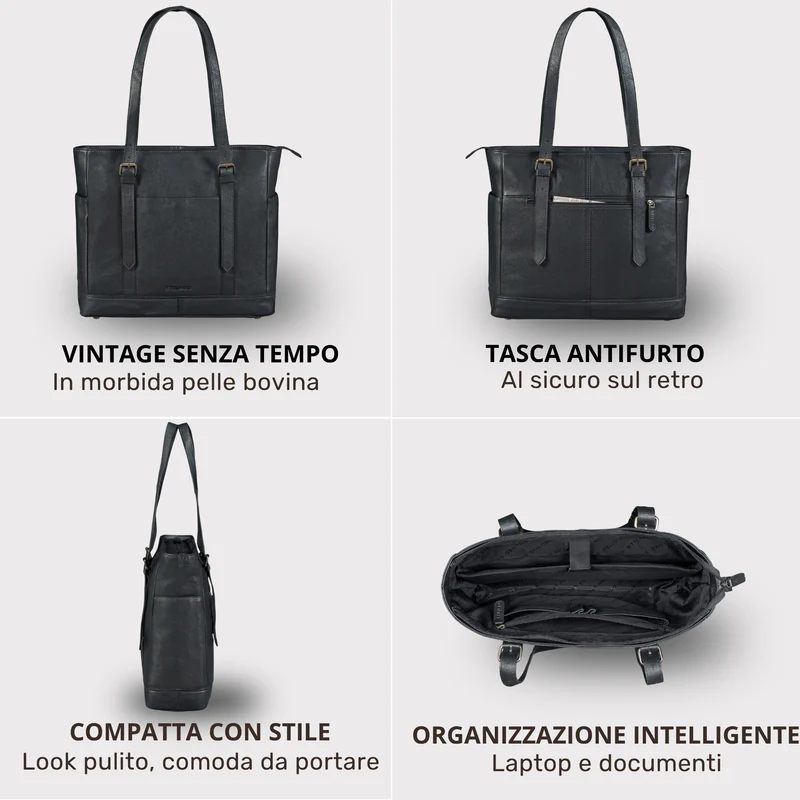 "Solaya" Shopper Damen Leder Groß mit Laptopfach 15,6 Zoll