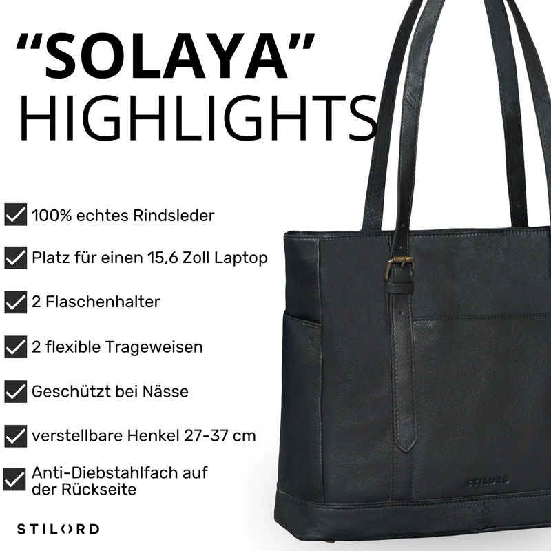 "Solaya" Shopper Damen Leder Groß mit Laptopfach 15,6 Zoll