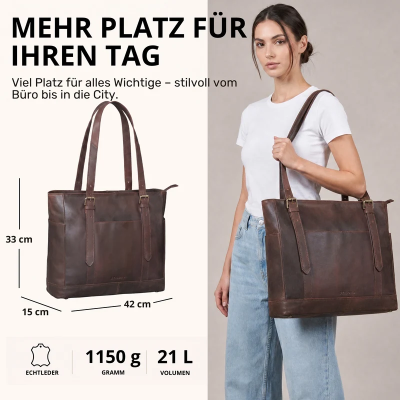 "Solaya" Shopper Damen Leder Groß mit Laptopfach 15,6 Zoll