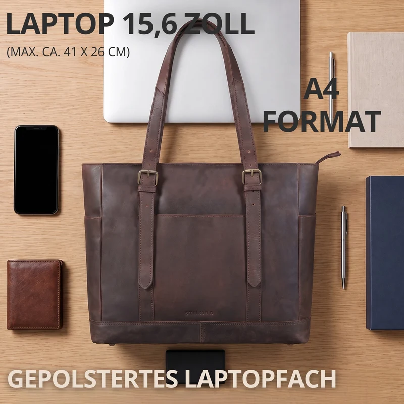 "Solaya" Shopper Damen Leder Groß mit Laptopfach 15,6 Zoll