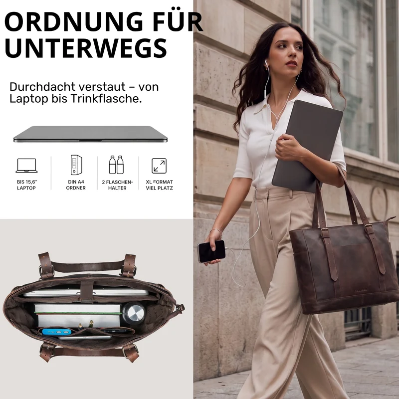 "Solaya" Shopper Damen Leder Groß mit Laptopfach 15,6 Zoll