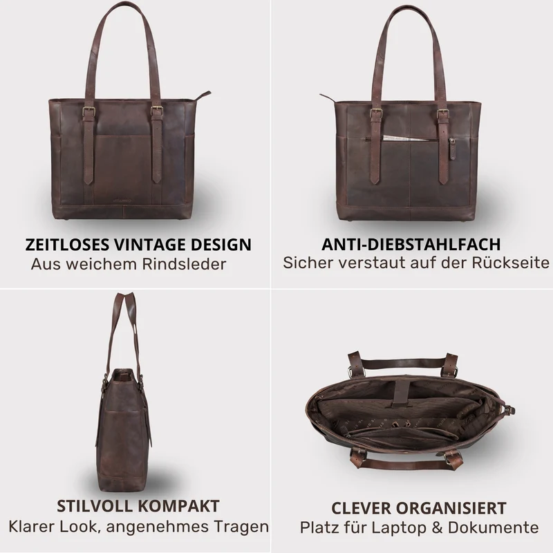 "Solaya" Shopper Damen Leder Groß mit Laptopfach 15,6 Zoll