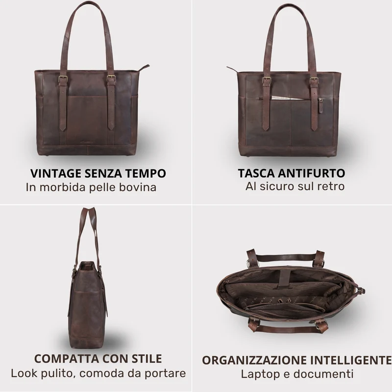 "Solaya" Shopper Damen Leder Groß mit Laptopfach 15,6 Zoll
