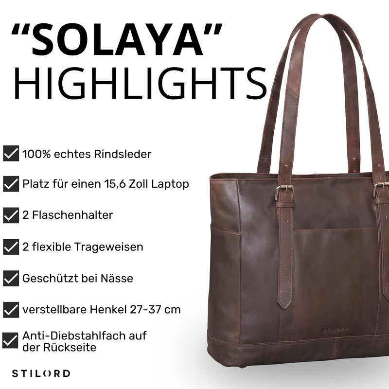 "Solaya" Shopper Damen Leder Groß mit Laptopfach 15,6 Zoll
