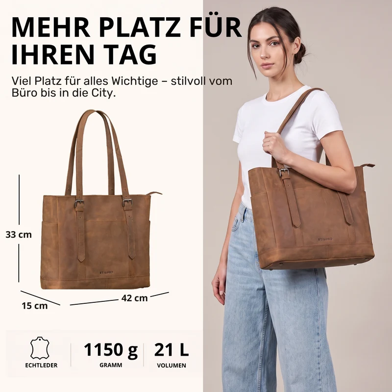 "Solaya" Shopper Damen Leder Groß mit Laptopfach 15,6 Zoll