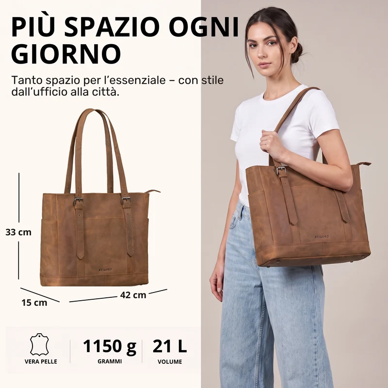 "Solaya" Shopper Damen Leder Groß mit Laptopfach 15,6 Zoll