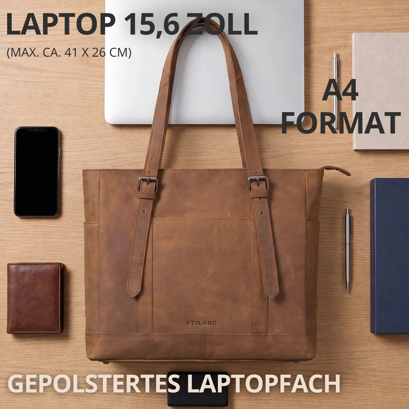 "Solaya" Shopper Damen Leder Groß mit Laptopfach 15,6 Zoll