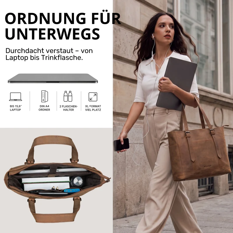 "Solaya" Shopper Damen Leder Groß mit Laptopfach 15,6 Zoll