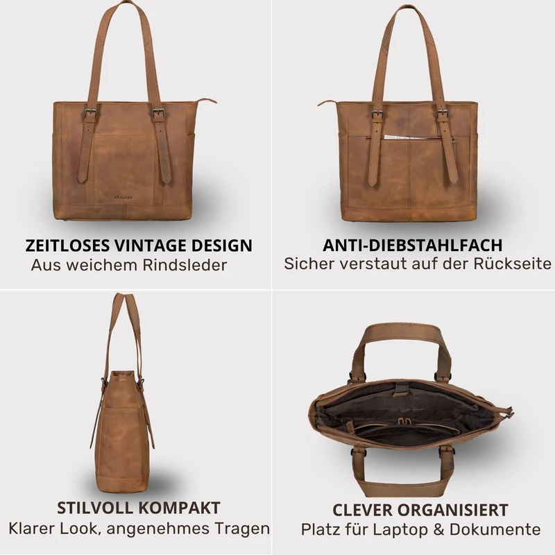 "Solaya" Shopper Damen Leder Groß mit Laptopfach 15,6 Zoll